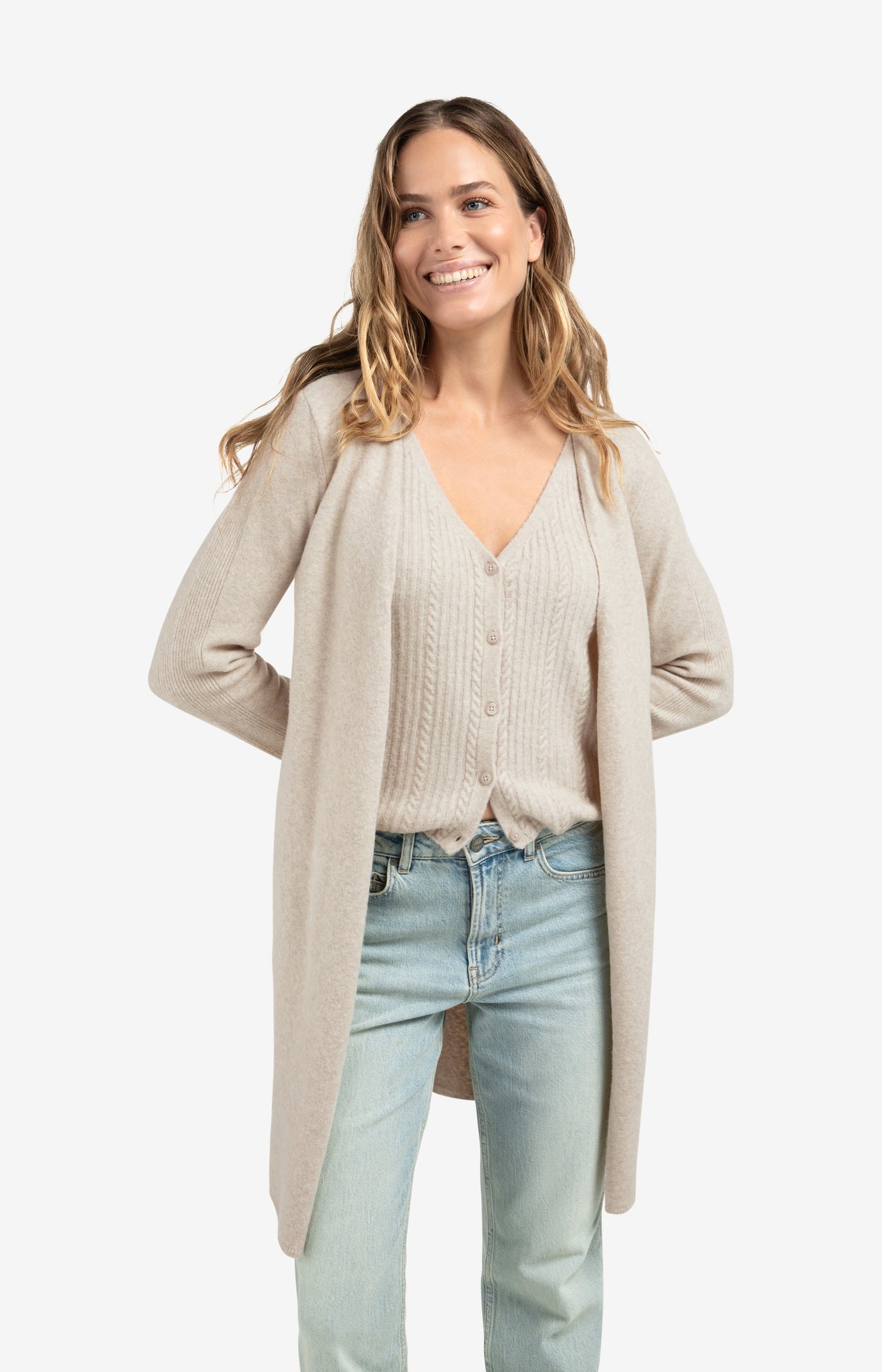 YAYA long cardigan with cable-knit gilet layer