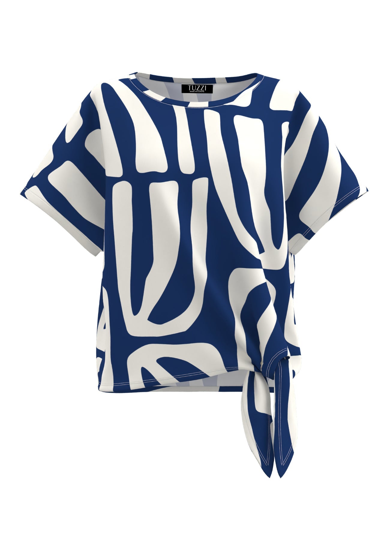 TUZZI navy abstract print top with tie detail