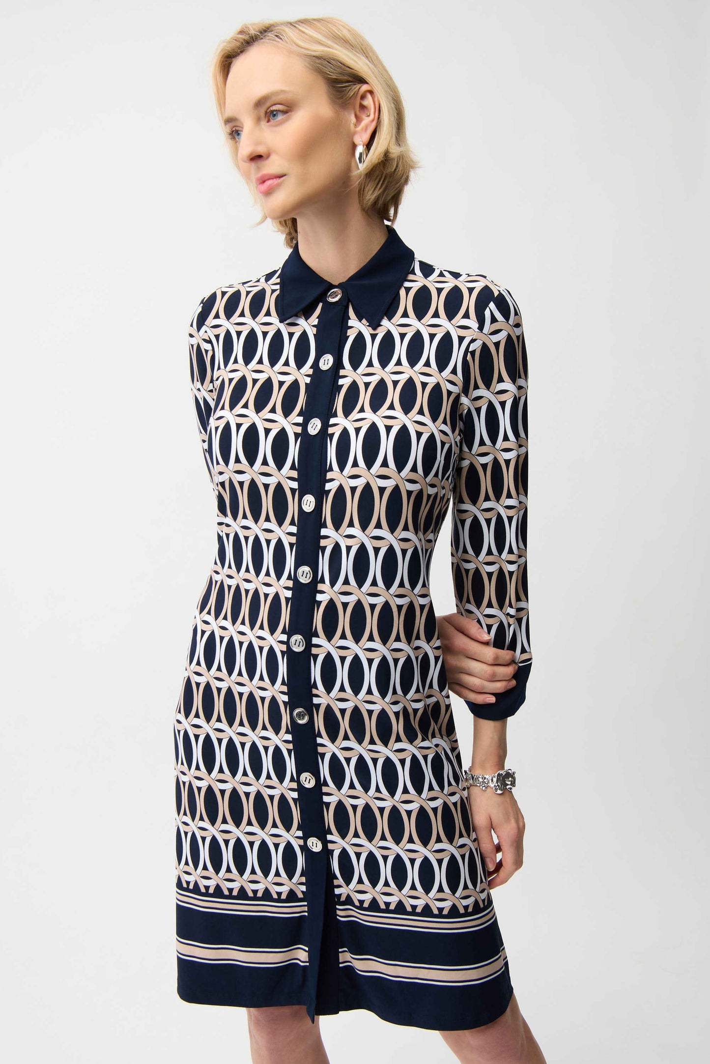 Silky Knit Geometric Print A-Line Shirt Dress
261903