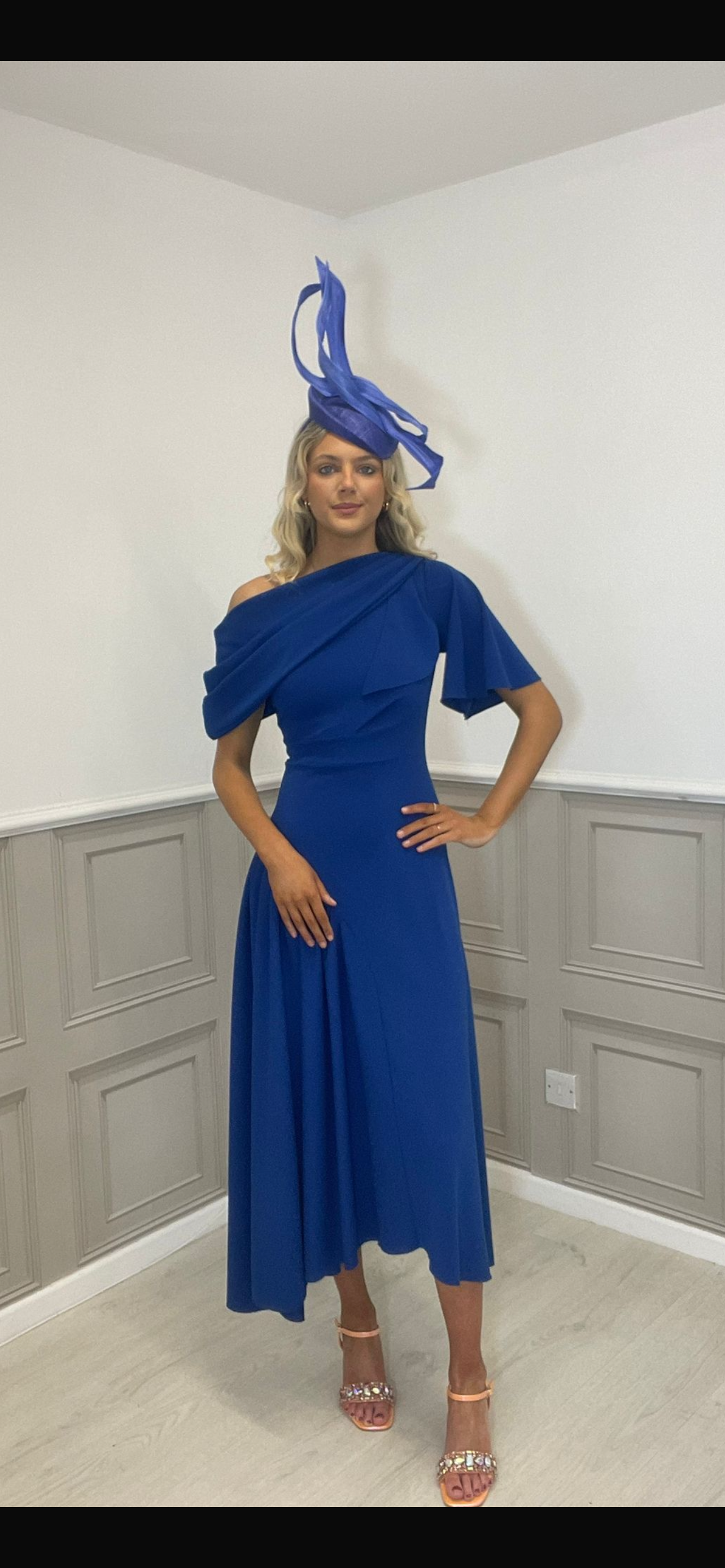 Venice royal blue dress with removable scarf.
