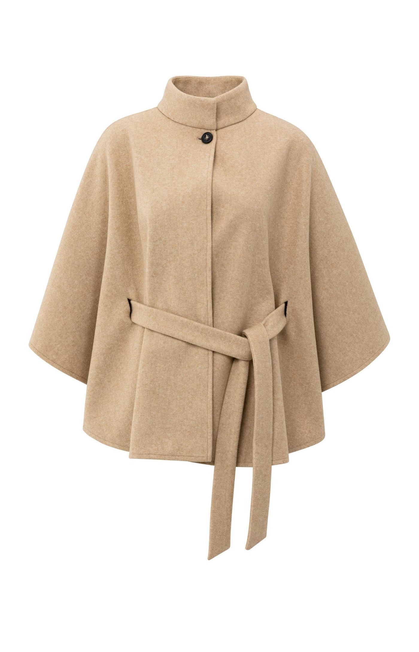 YAYA soft woven poncho with collar and belt in light camel melange