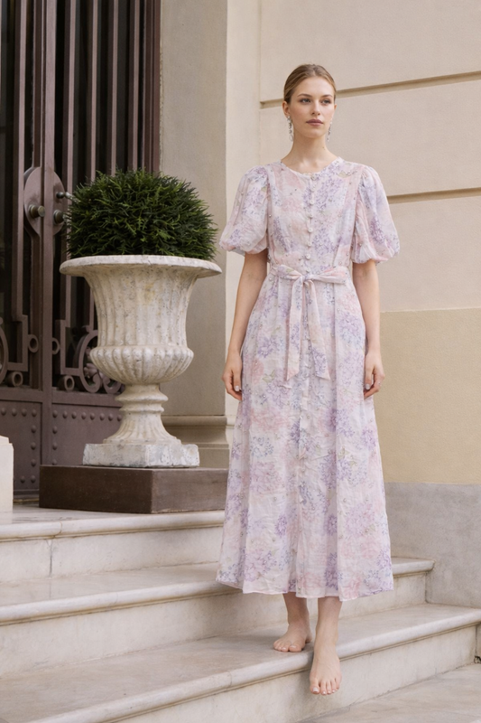 ✨ Lilac Floral Puff Sleeve Midi Dress