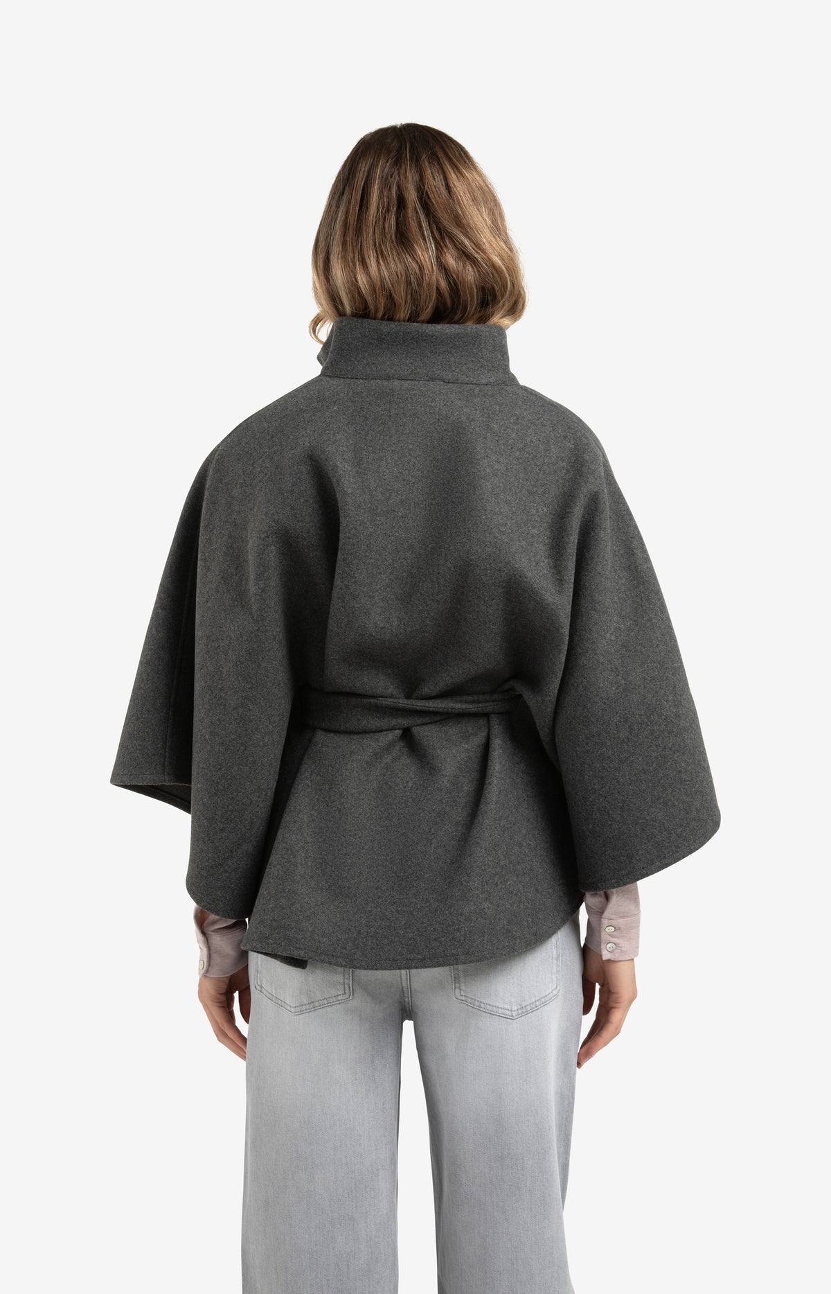 YAYA soft woven poncho with collar and belt in dark night grey melange