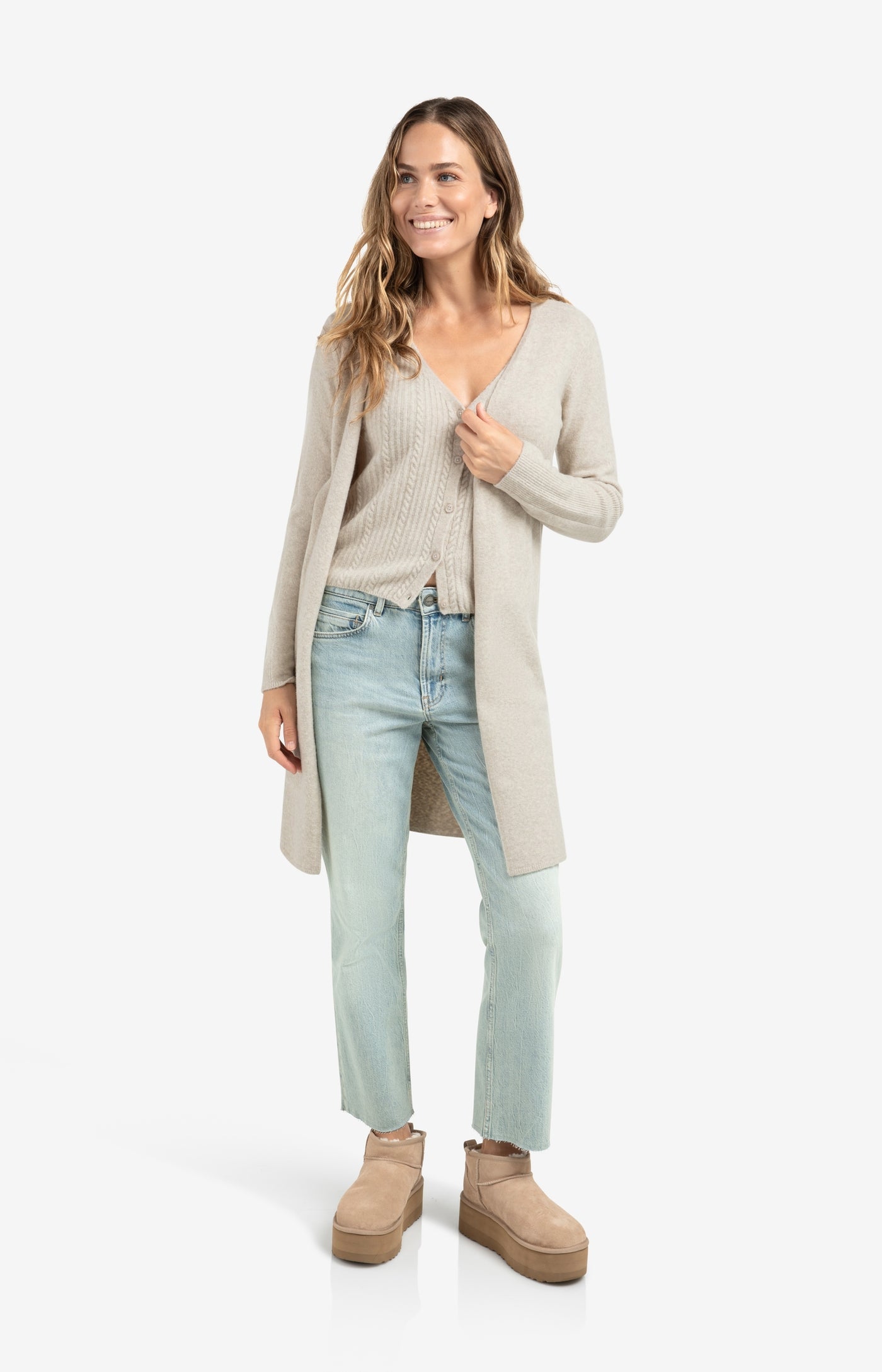 YAYA long cardigan with cable-knit gilet layer