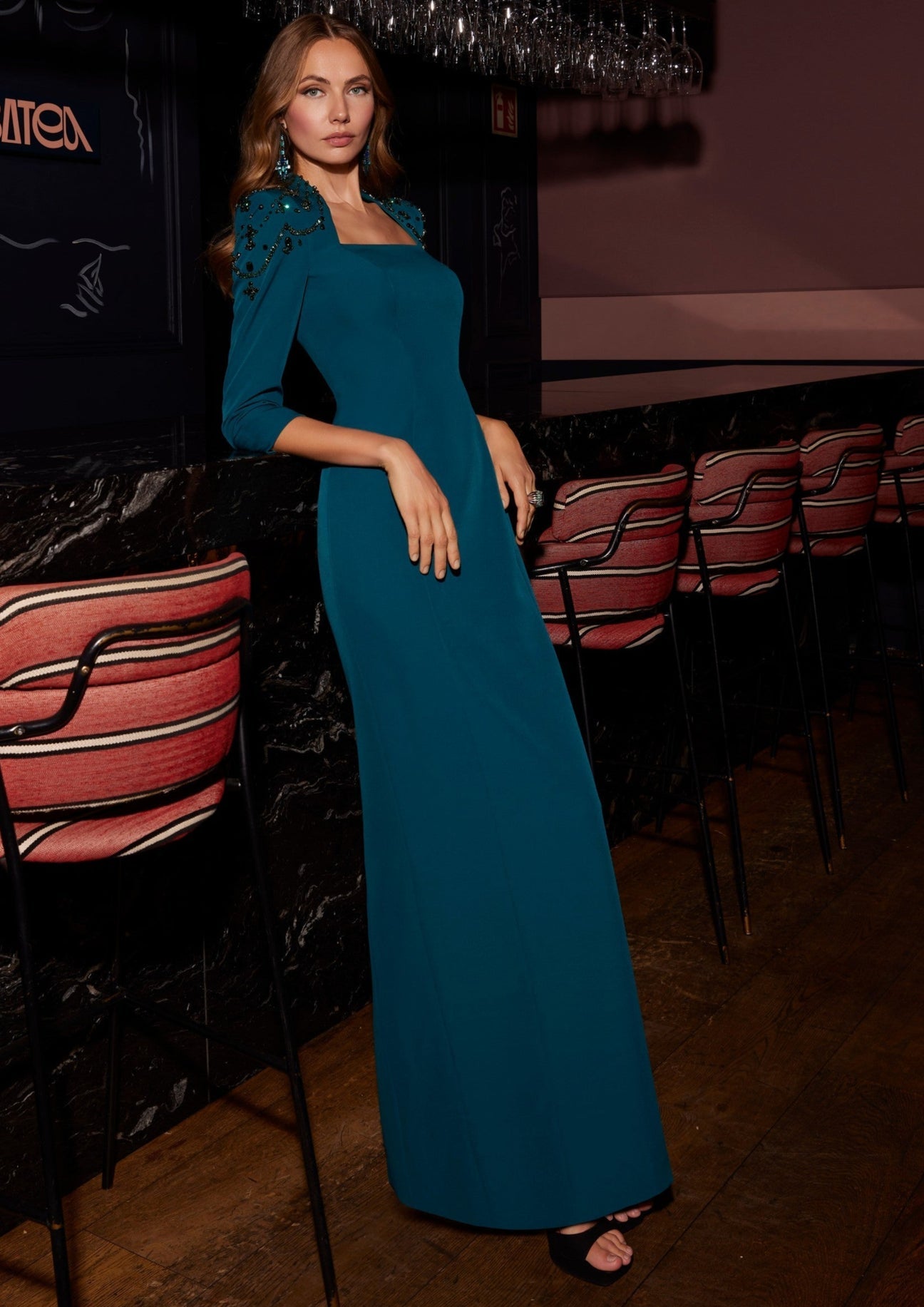 Veni Infantino teal straight long dress.