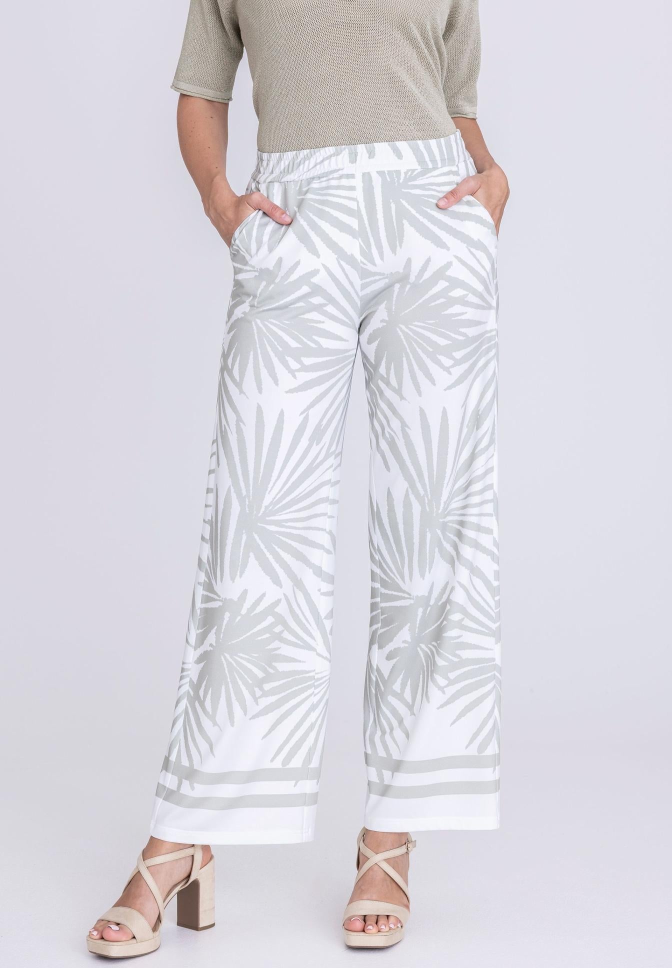 Tuzzi Palm Print Wide Leg Trousers in sage green