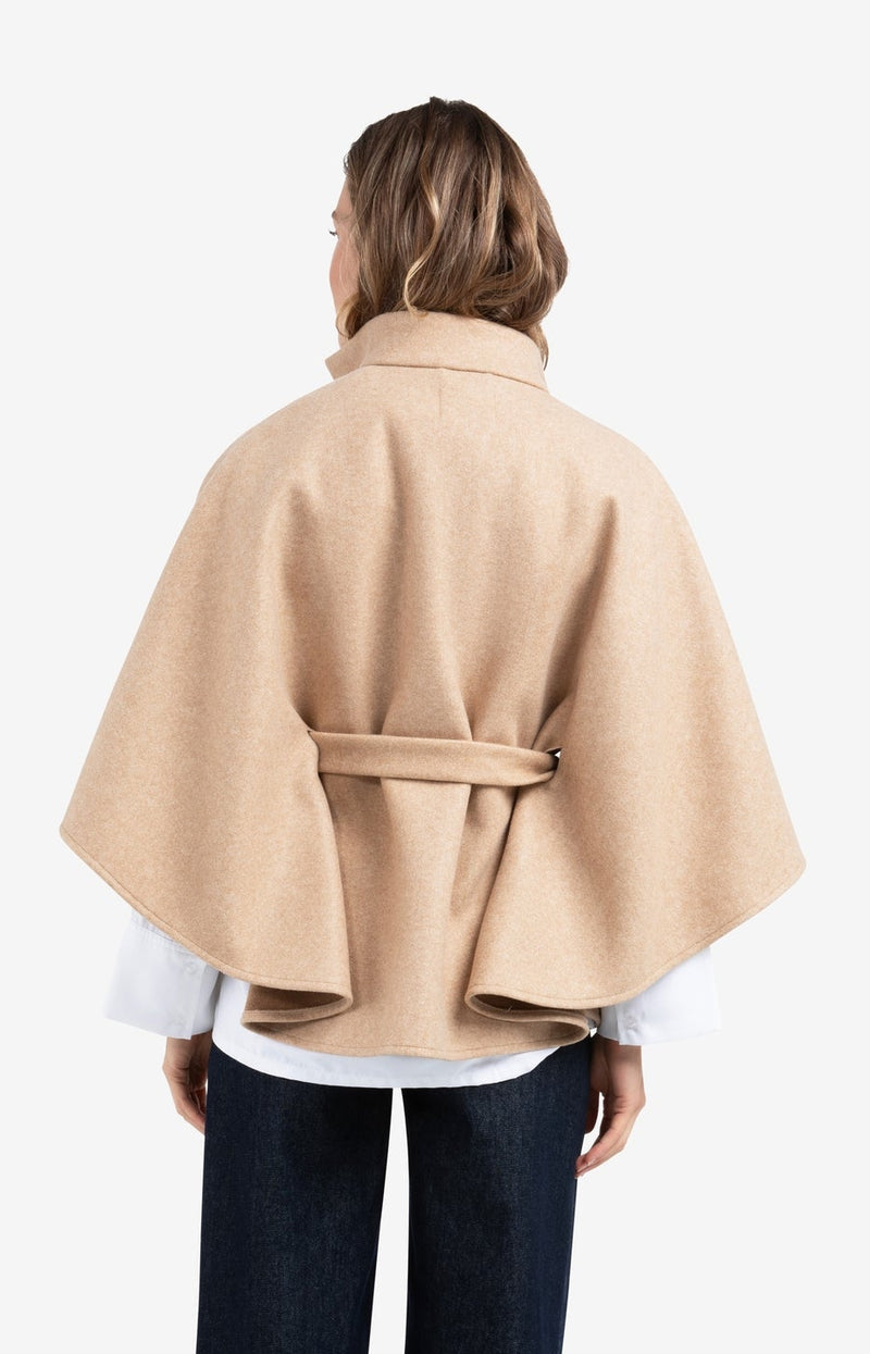 YAYA soft woven poncho with collar and belt in light camel melange