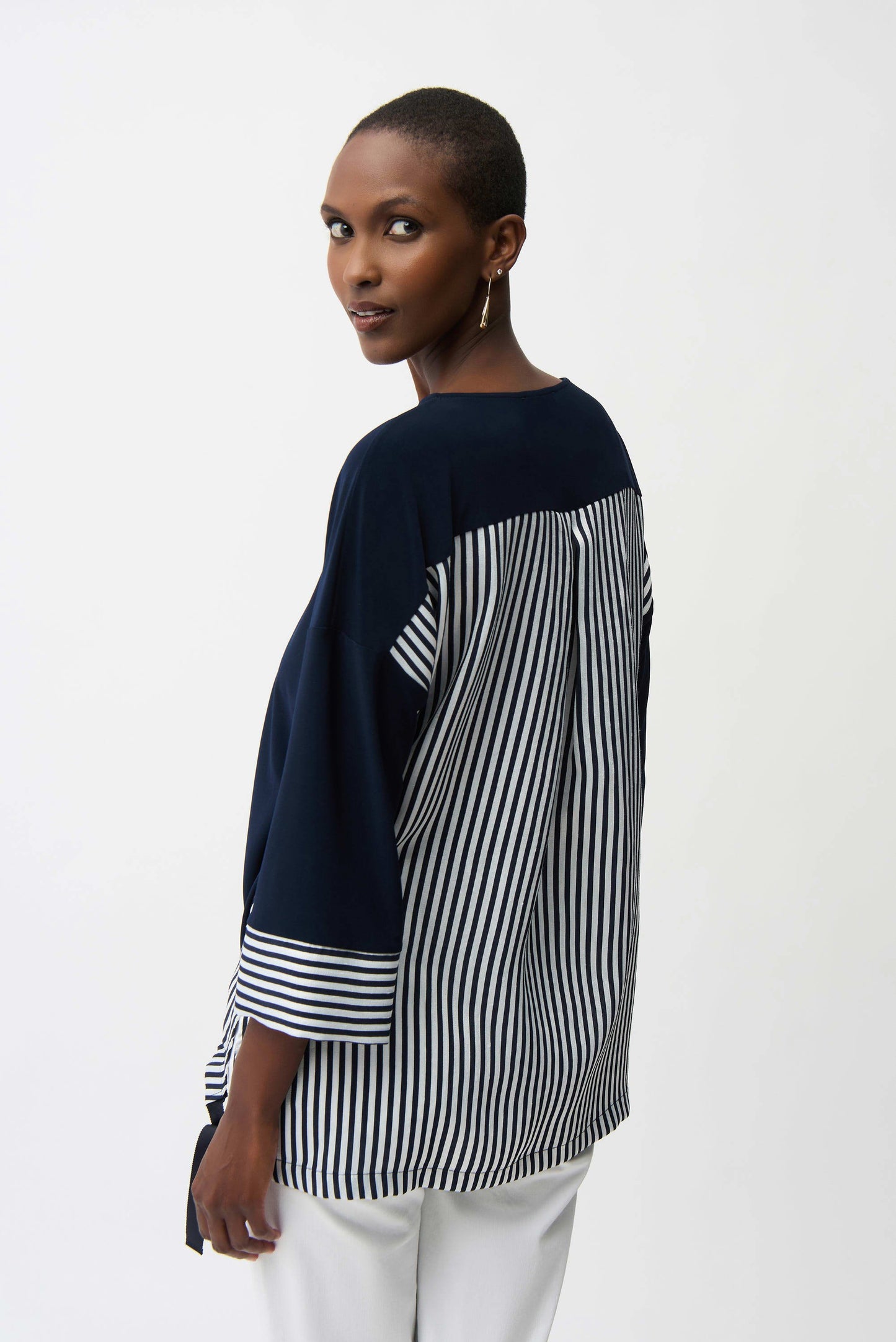 Silky Knit and Woven Stripe Top With High Low Hem
261193