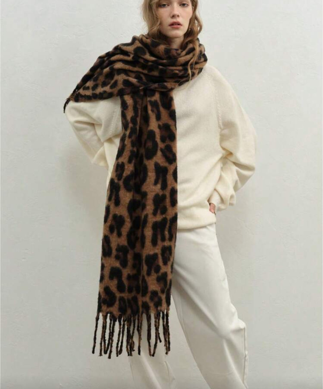 Leopard print oversized fringe scarf