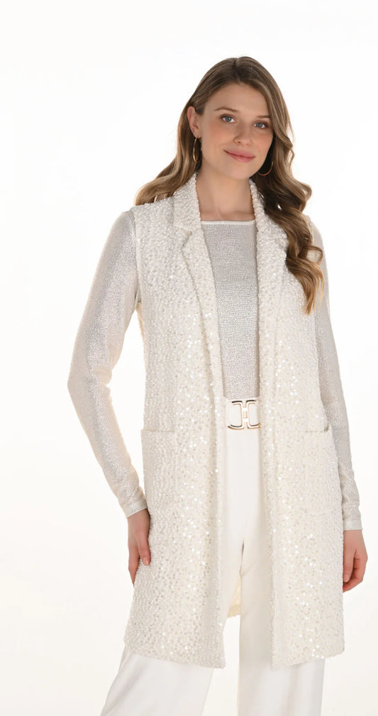 Frank Lyman Winter White Sequin Sleeveless Long Vest Style 254207