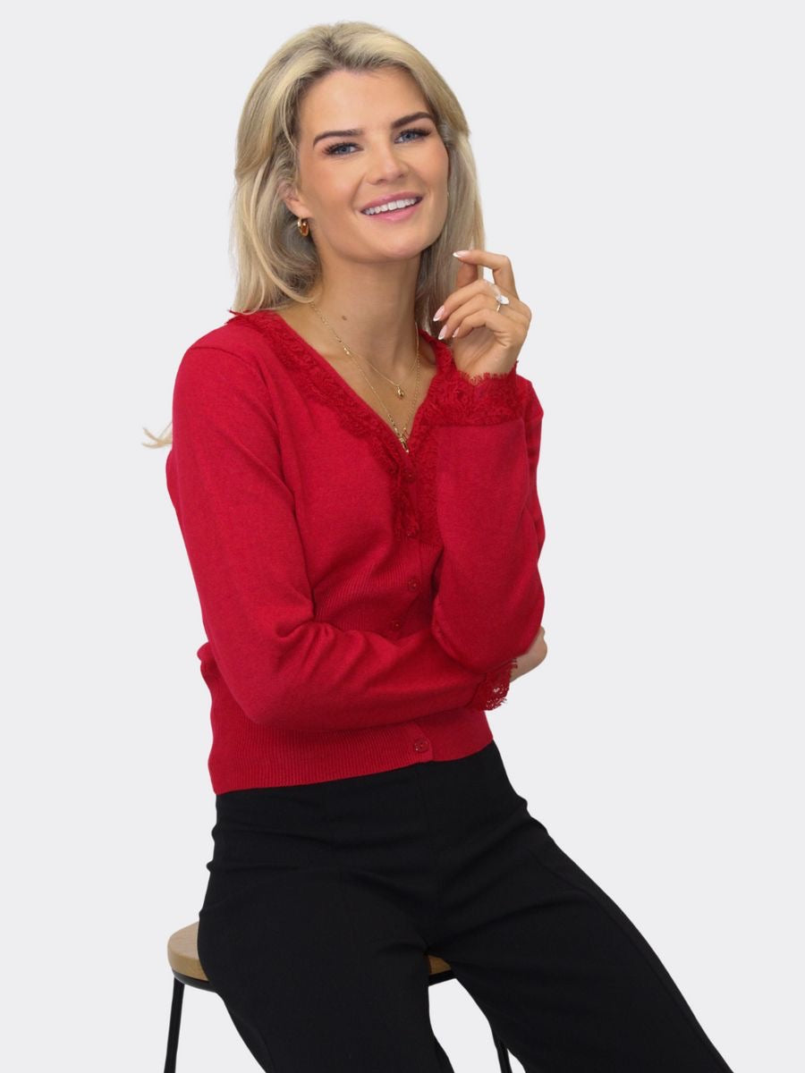 KATE & PIPPA CLO LACE TRIM CARDIGAN IN RED