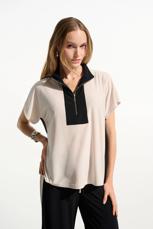Silky Knit Color Block Straight Top With Zipped Collar
261611