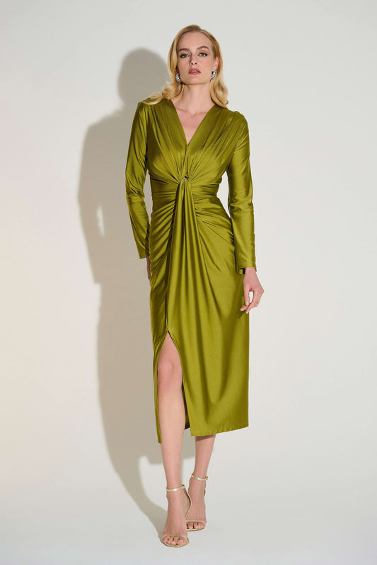 253714 satin effect silky knit  draped v neck sheath dress