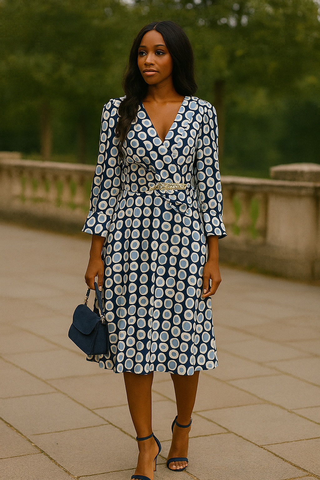 Elegant Navy & Blue Circle Isabella Print Wrap Dress