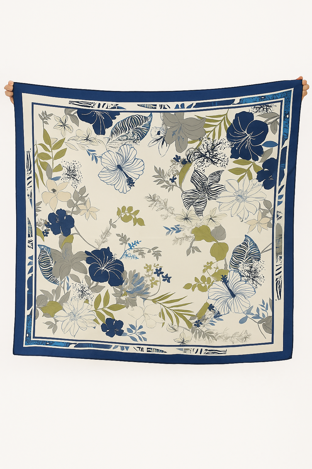 Navy floral small silk print scarf
