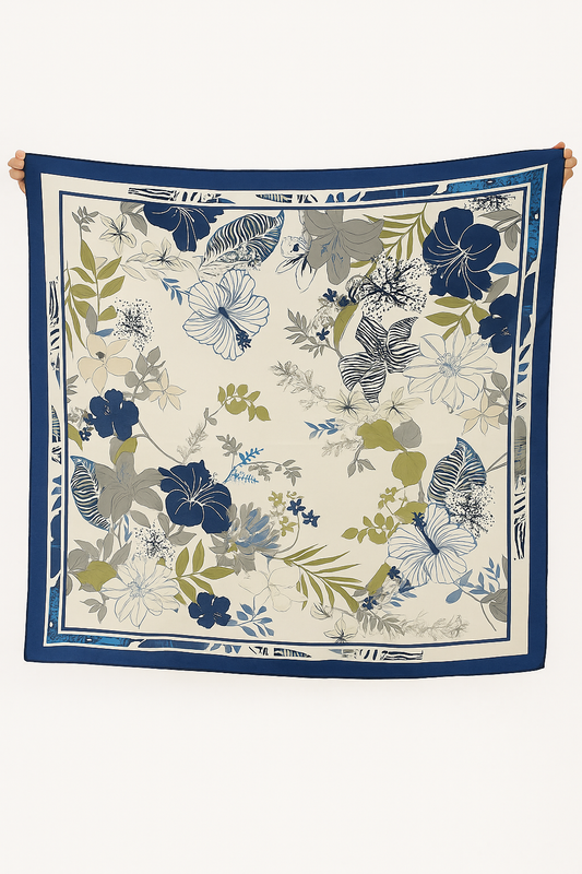Navy floral small silk print scarf