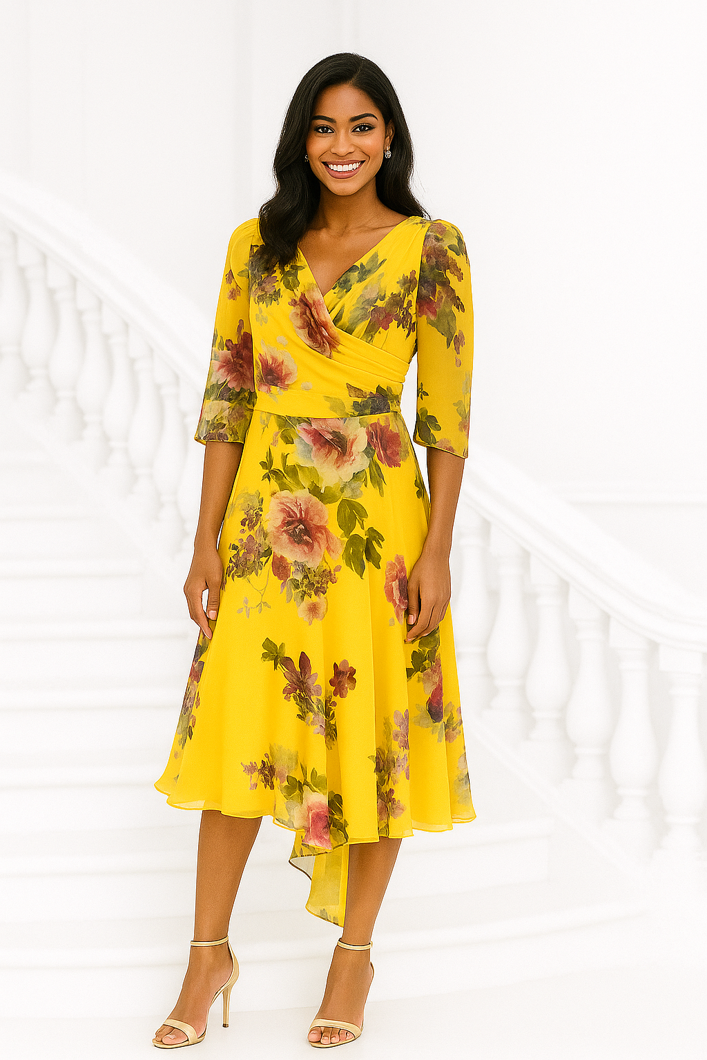 Gabriella Sanchez Yellow Floral Chiffon Dress