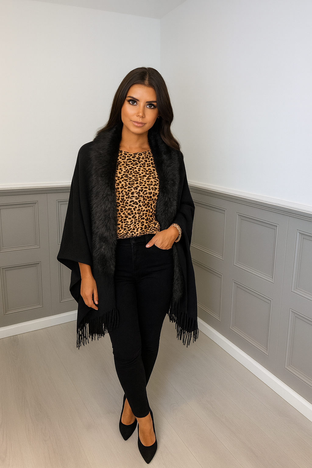 Black Luxury Faux-Fur Trim Cape