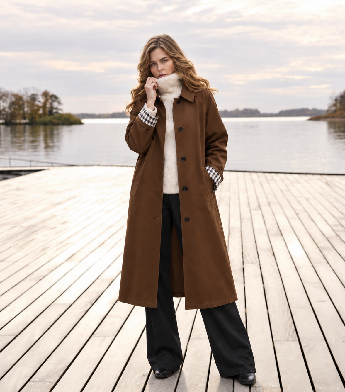 Longline Chocolate-Brown Coat with Check Cuffs