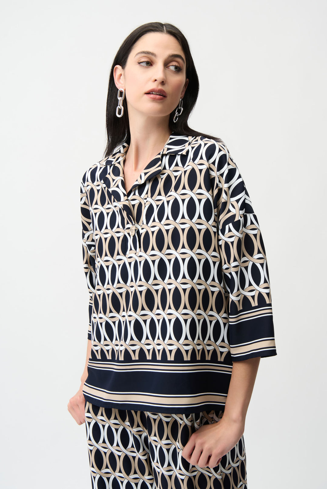 Joseph Ribkoff Geometric P rint Boxy Top With Shirt Collar Style 261057