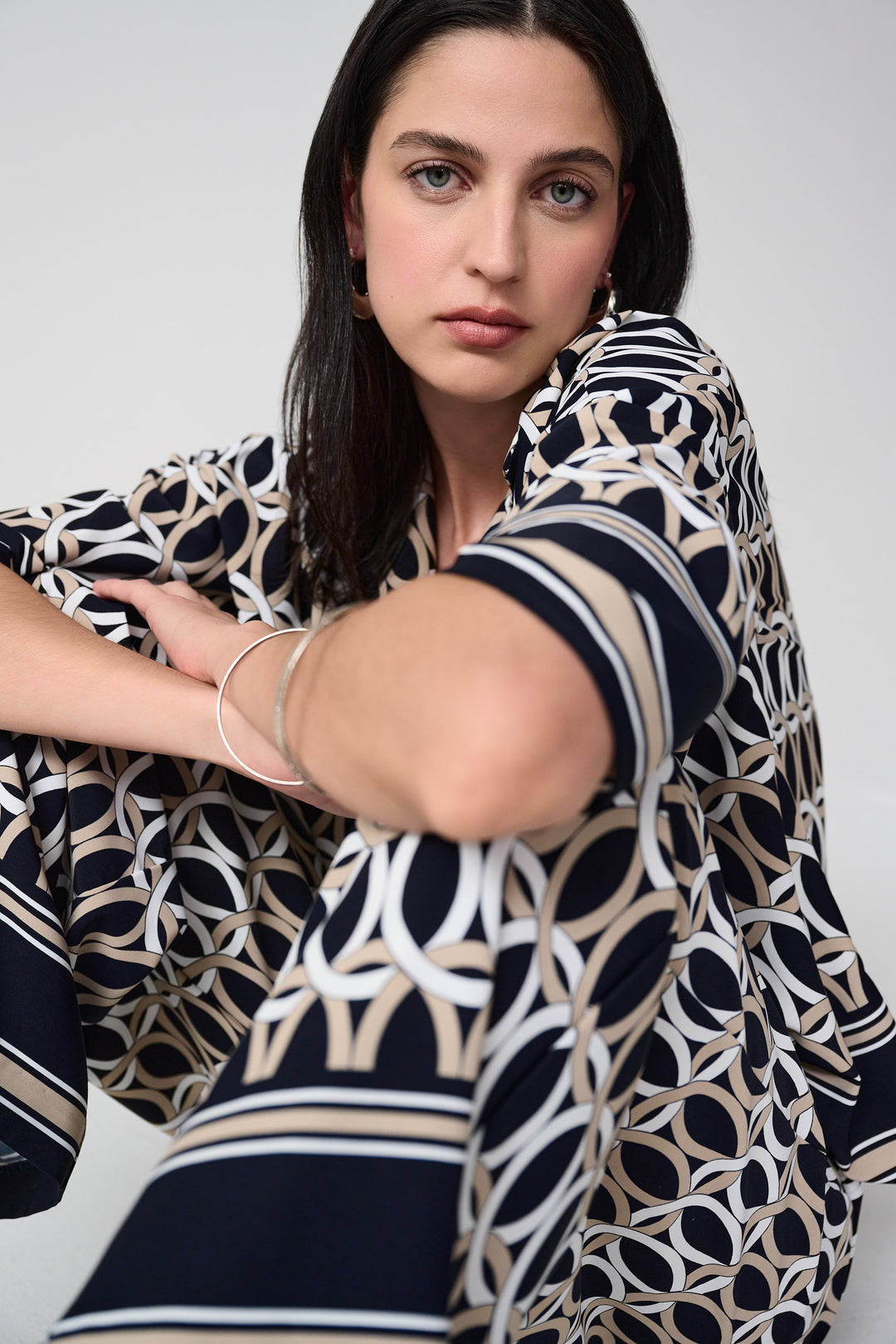 Joseph Ribkoff Geometric P rint Boxy Top With Shirt Collar Style 261057