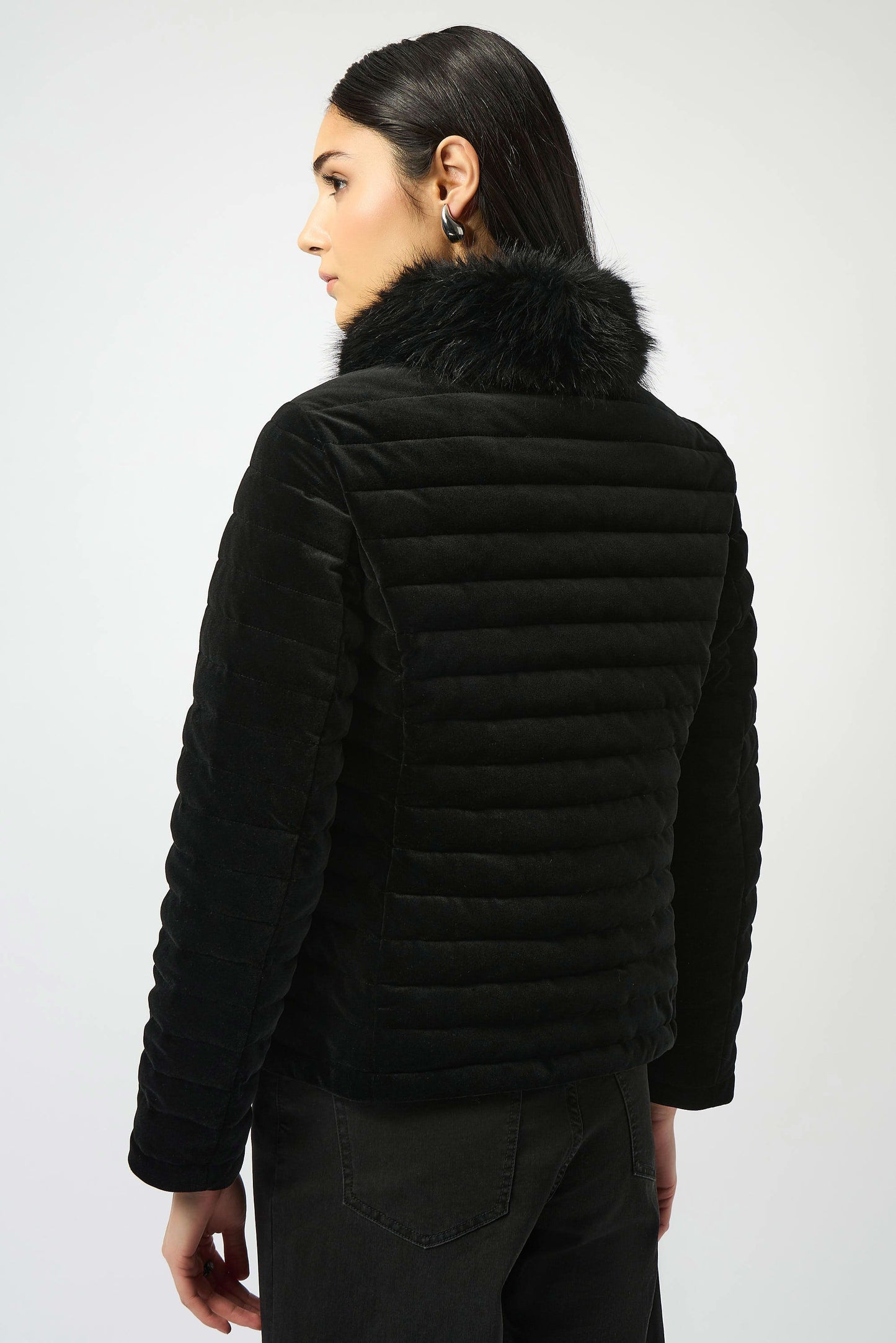 Stretch Velvet Puffer Jacket with Faux Fur Collar
253928