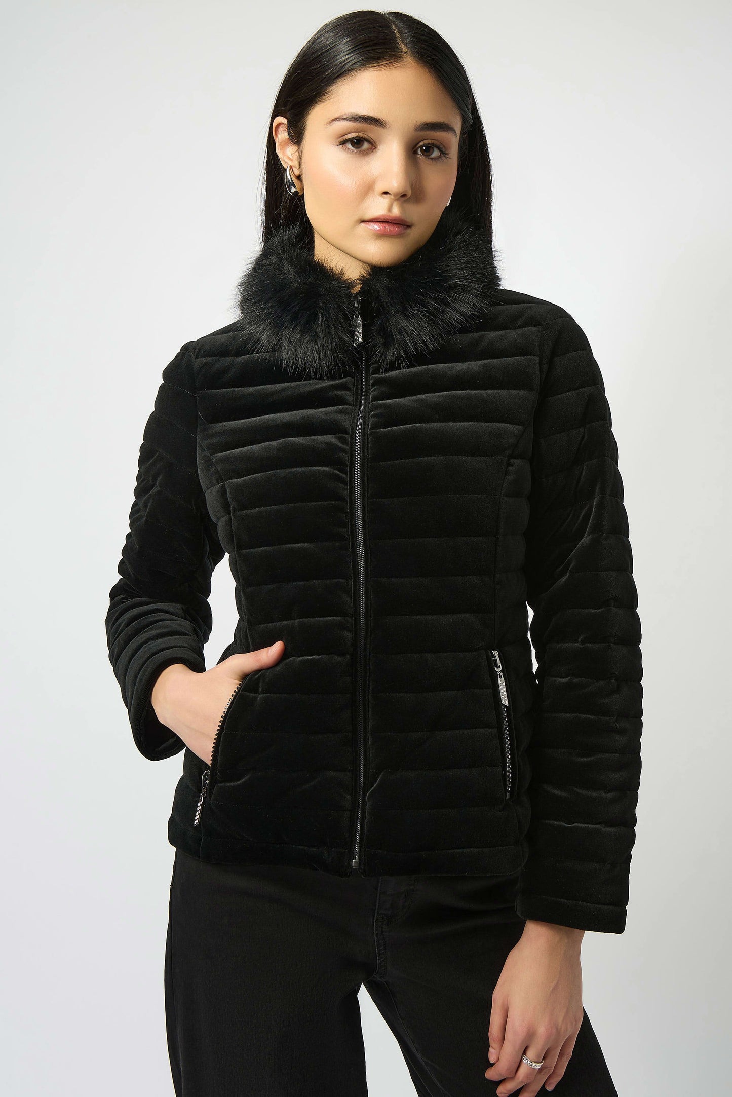 Stretch Velvet Puffer Jacket with Faux Fur Collar
253928