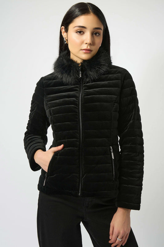 Stretch Velvet Puffer Jacket with Faux Fur Collar
253928