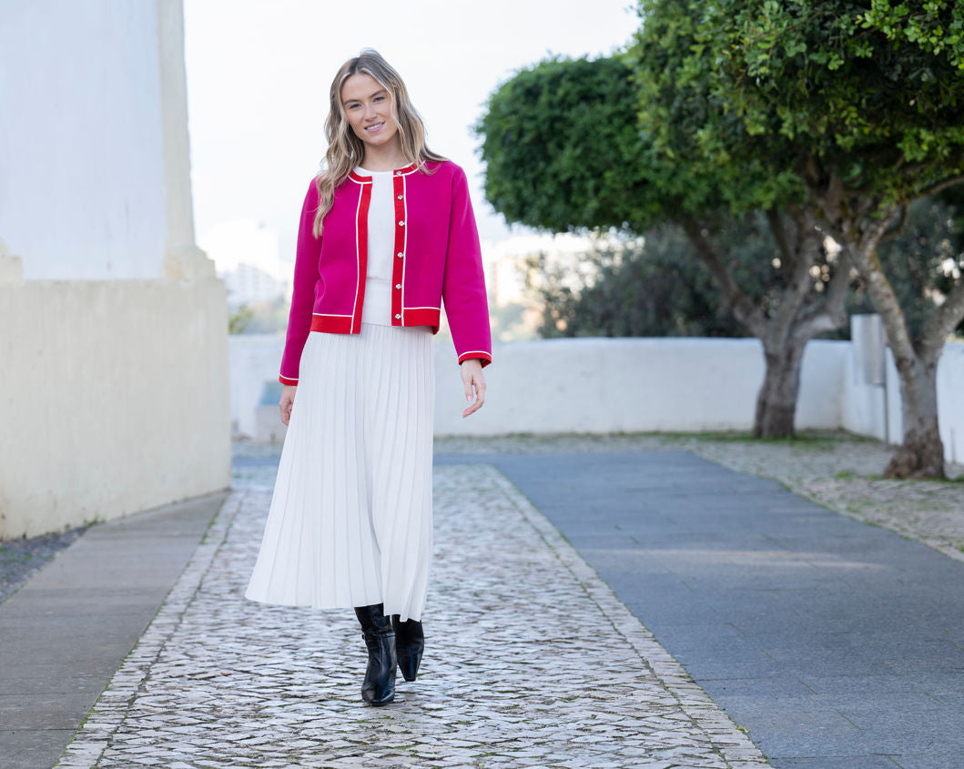Marble Colour Block Cardigan – Style 8108 (Fuchsia/Red)