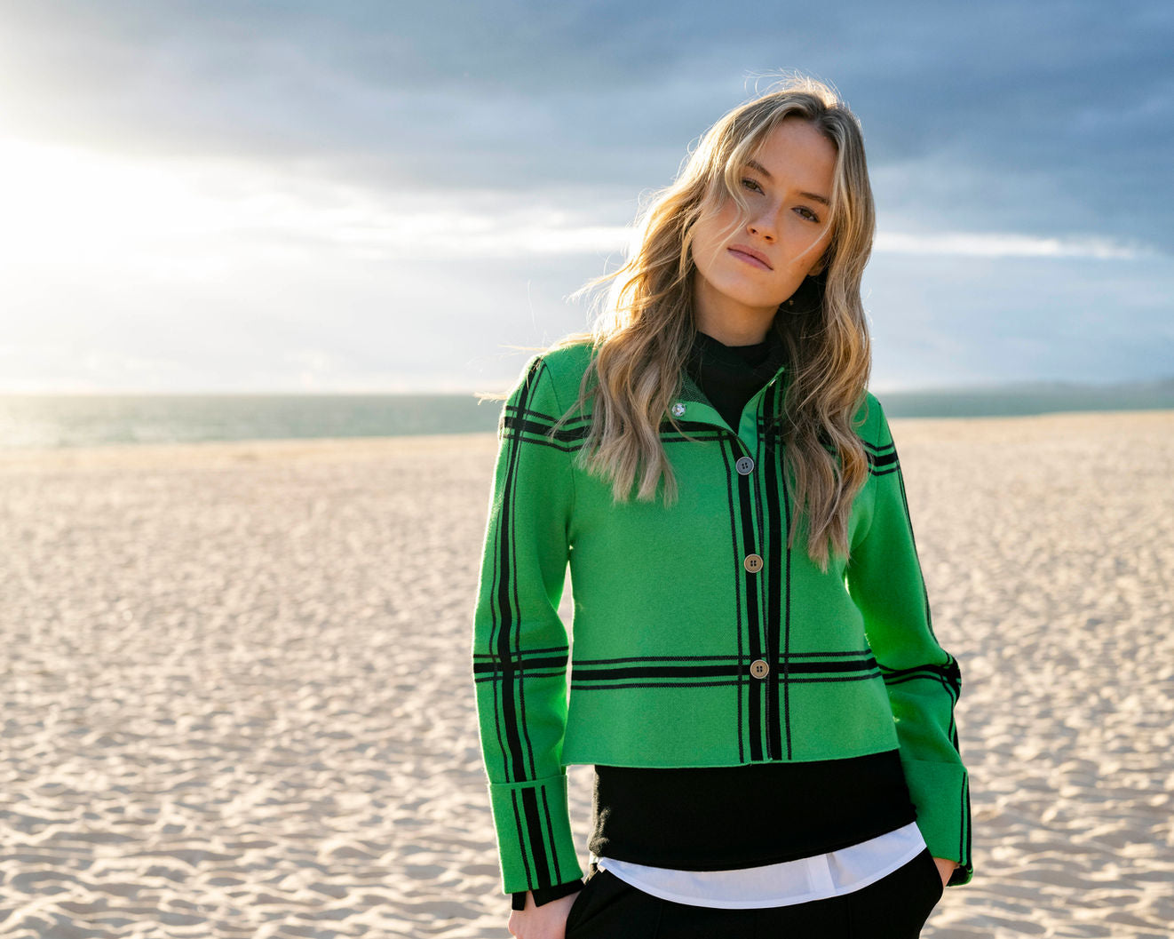 Marble Cropped Check Knit Jacket – Style 8111 (Green/Black)