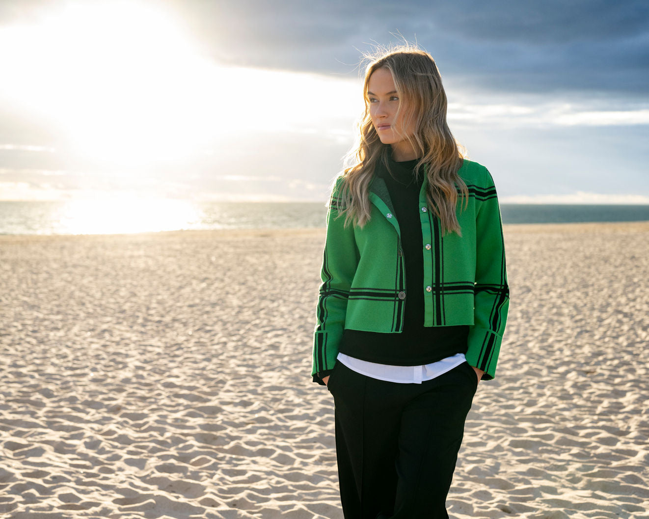 Marble Cropped Check Knit Jacket – Style 8111 (Green/Black)