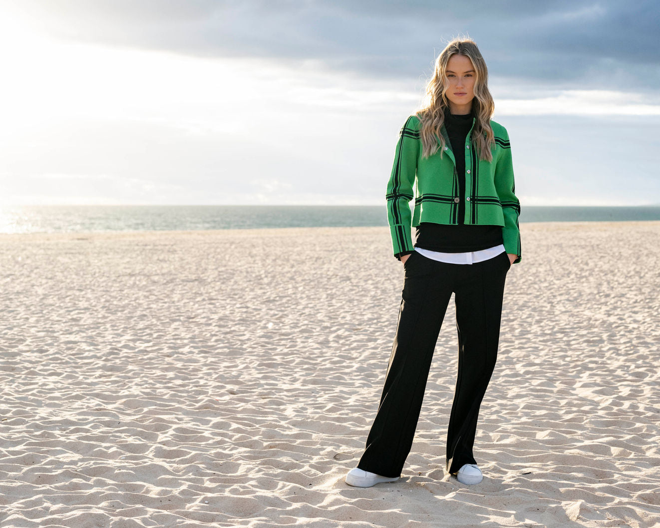 Marble Cropped Check Knit Jacket – Style 8111 (Green/Black)