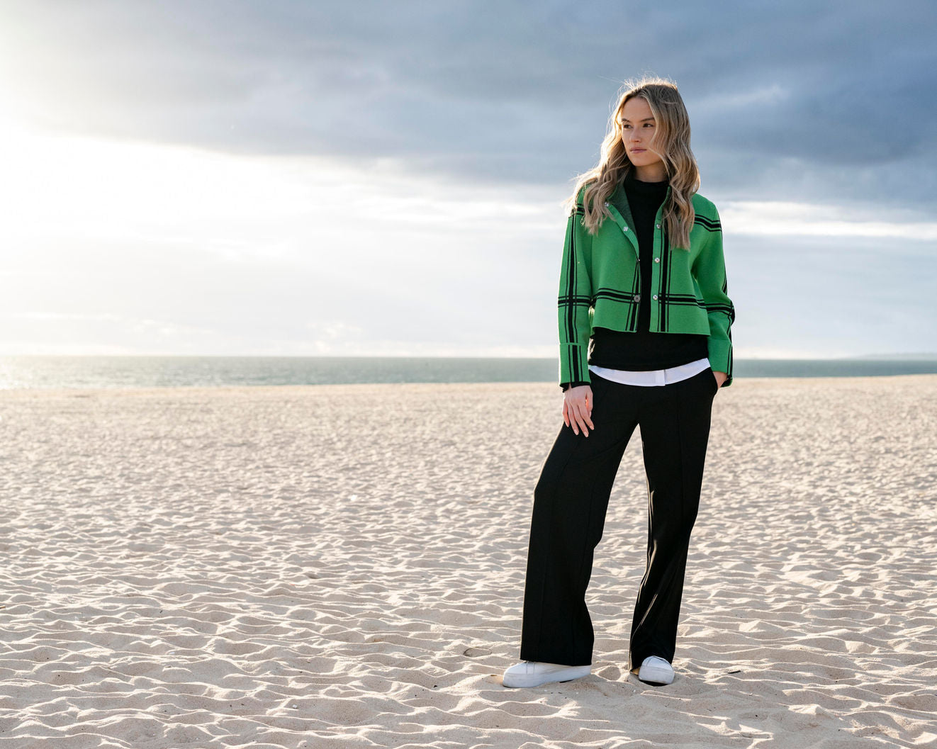 Marble Cropped Check Knit Jacket – Style 8111 (Green/Black)