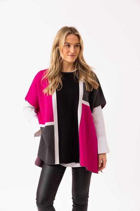Marble Colour Block Poncho – Style 8112 (Fuchsia/Charcoal