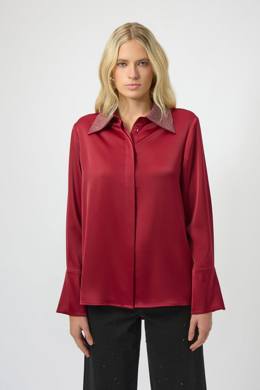 Satin Button-Front Blouse with Embellished Collar
254926