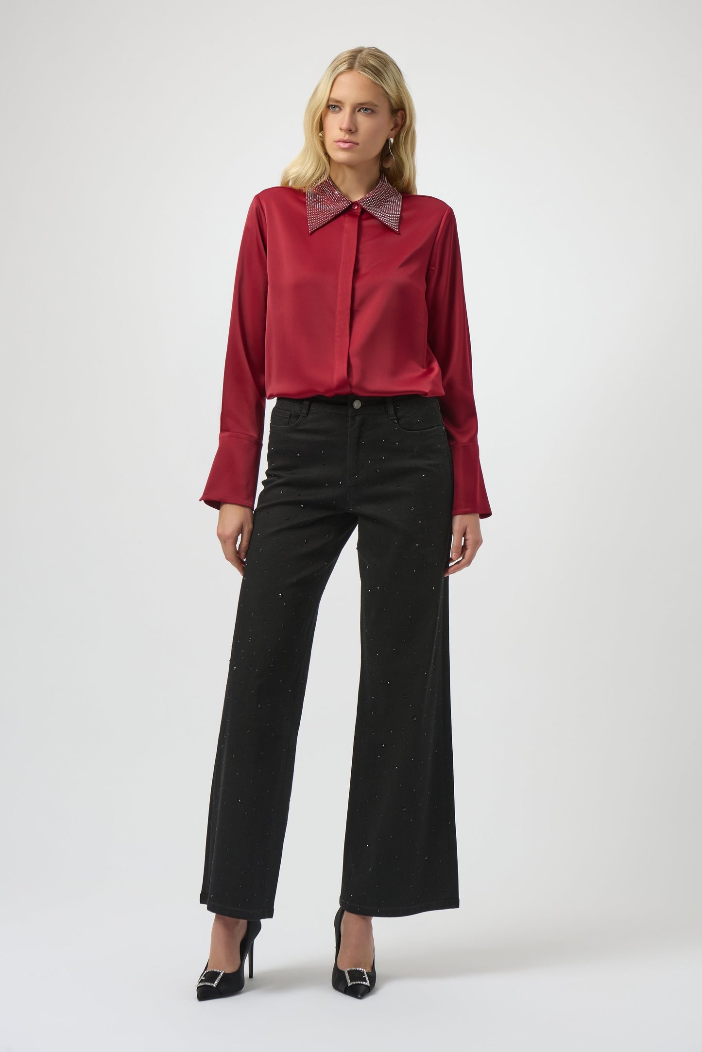 Satin Button-Front Blouse with Embellished Collar
254926