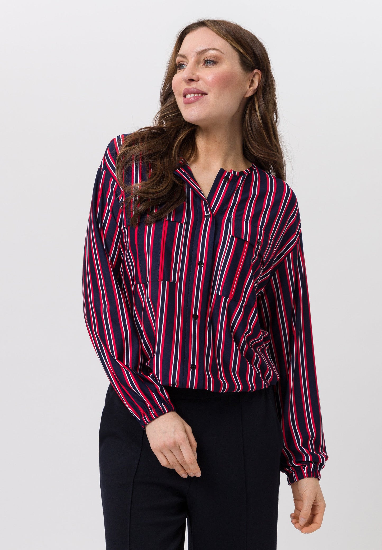 Tuzzi Navy, Red, and White Striped Patterned Blouse