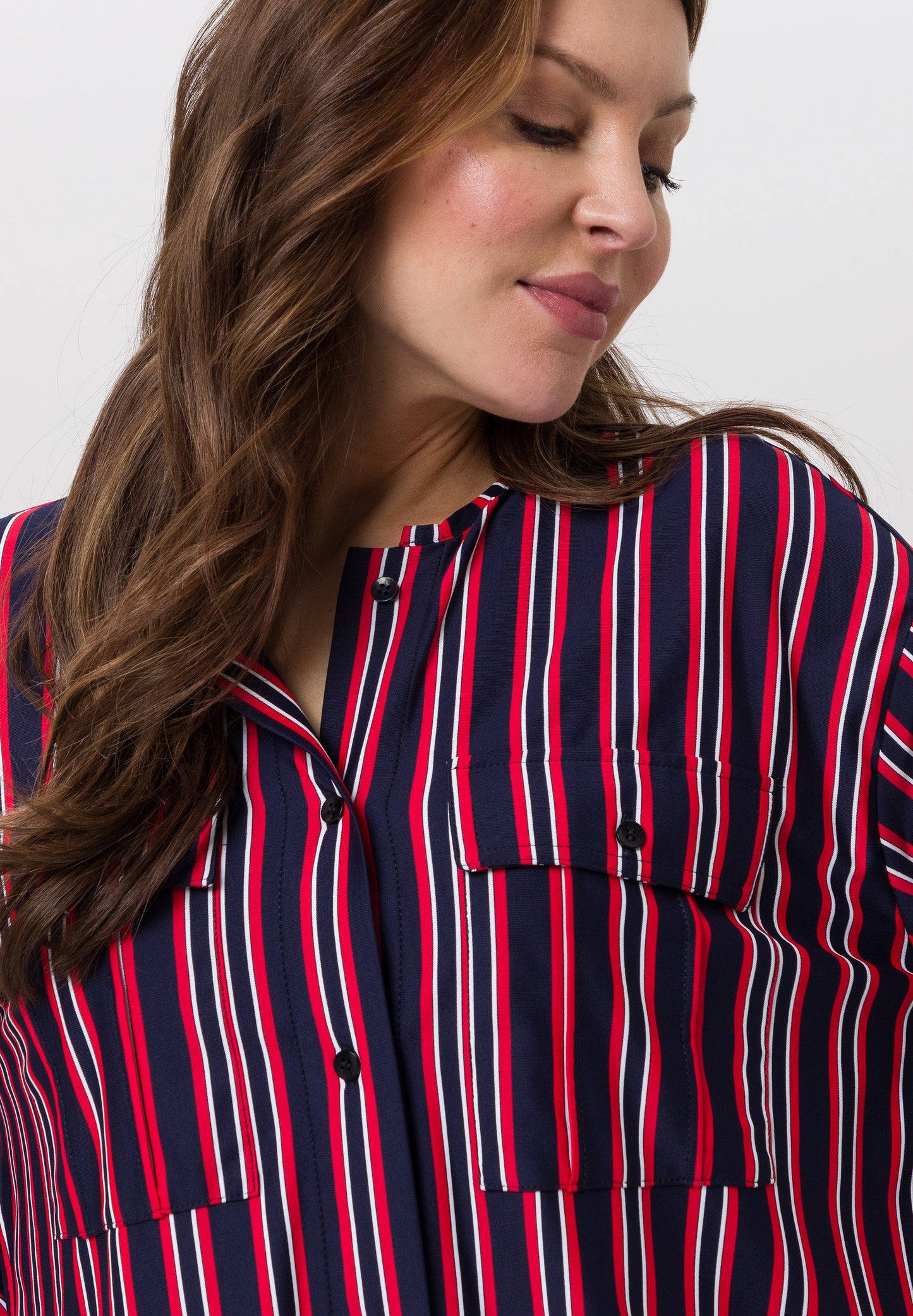 Tuzzi Navy, Red, and White Striped Patterned Blouse