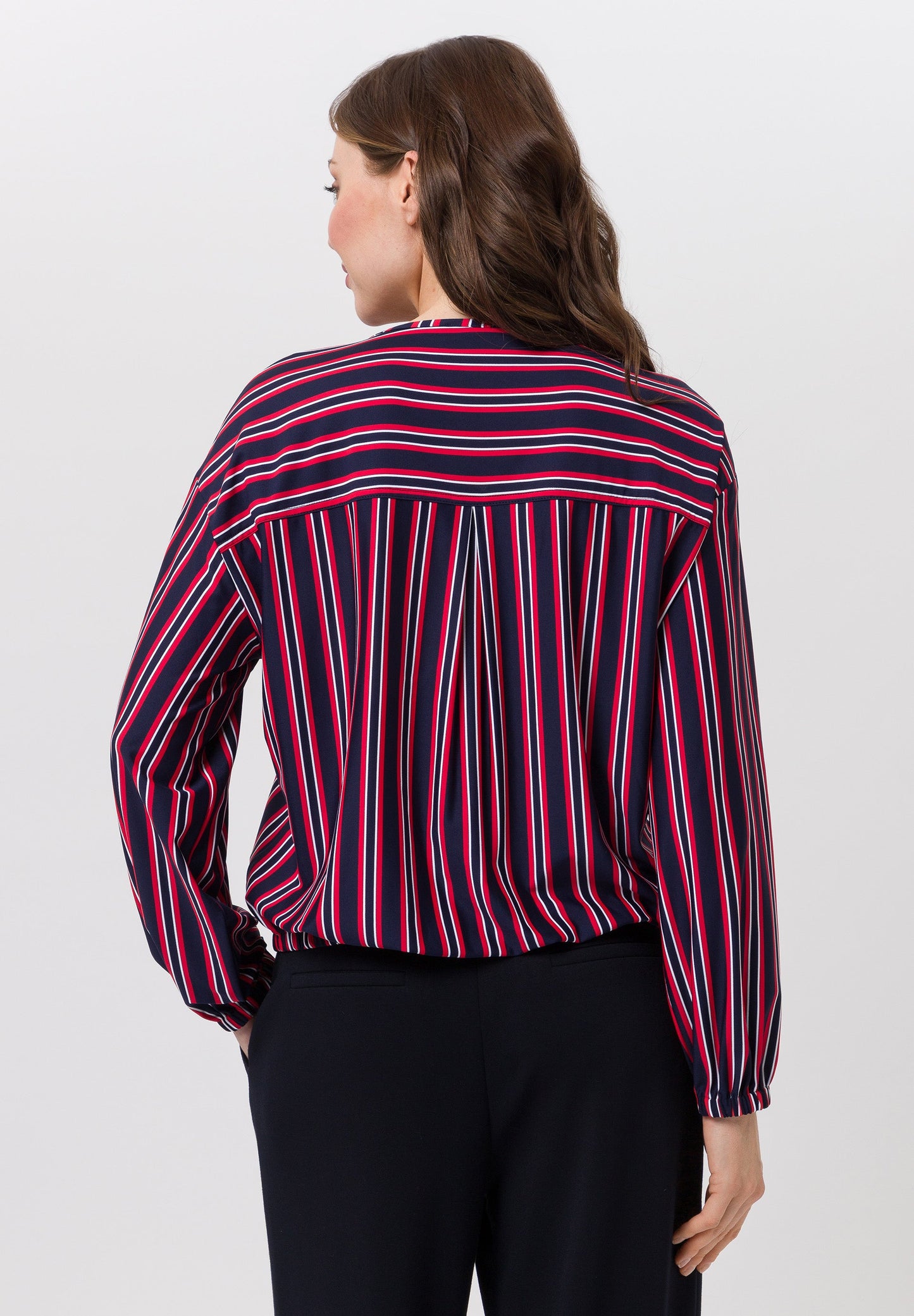Tuzzi Navy, Red, and White Striped Patterned Blouse