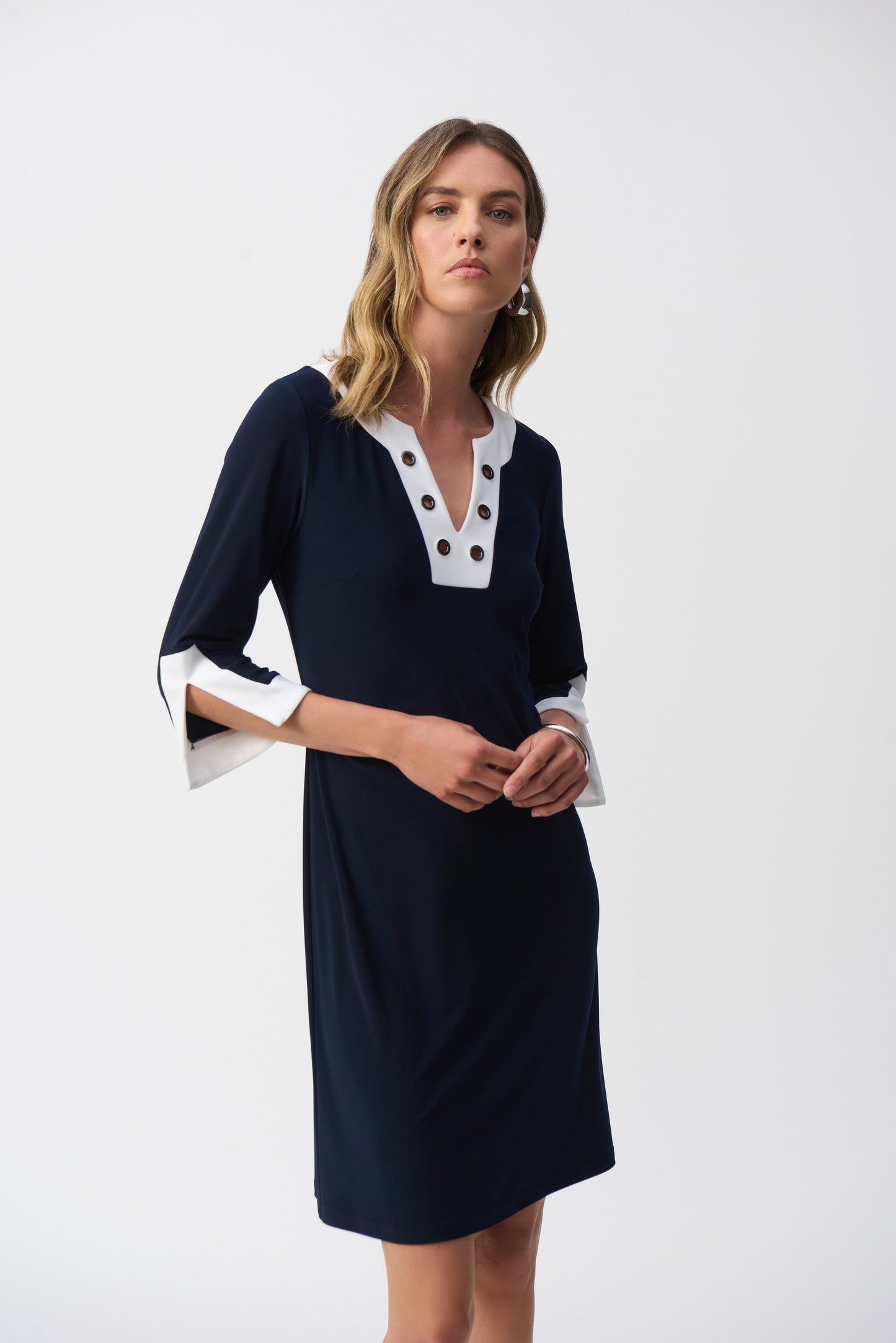 251046 silky knit navy colour block dress
