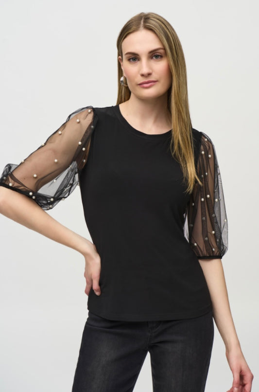 Silky Knit Top With Embellished Mesh Sleeves 244189