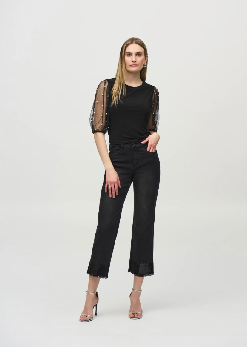 Silky Knit Top With Embellished Mesh Sleeves 244189