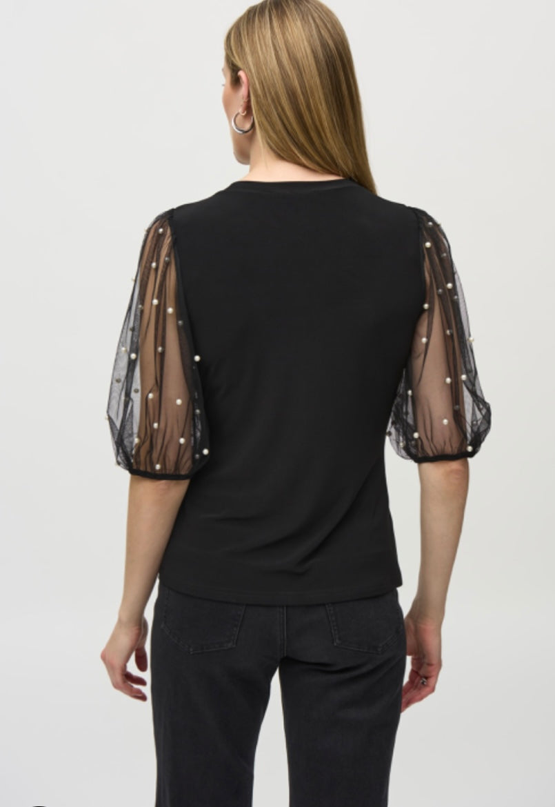 Silky Knit Top With Embellished Mesh Sleeves 244189