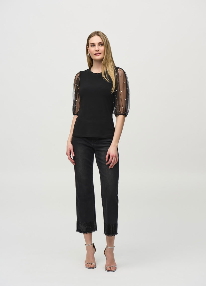 Silky Knit Top With Embellished Mesh Sleeves 244189